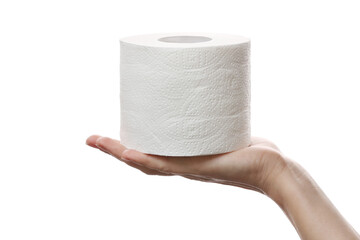 Close-up of a woman hand using toilet paper isolated on a white background. Hand holding roll of tissue paper. white roll toilet paper on female hand.