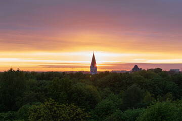 Church of the memory of Queen Louise in the rays of the setting sun in Kaliningrad