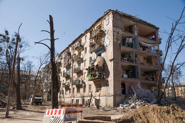 Kyiv, Ukraine - 21.03.2022: War in Ukraine. Russian missile attack blew up residential buildings in Kyiv © tsirika