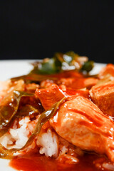 Rice and barbeque flavor style chicken. China style meal. Dark background