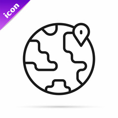 Black line Location on the globe icon isolated on white background. World or Earth sign. Vector