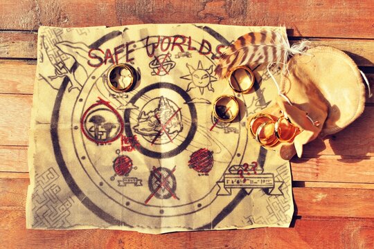 Mapa de safe worlds con anillos y pluma, estilo vintage