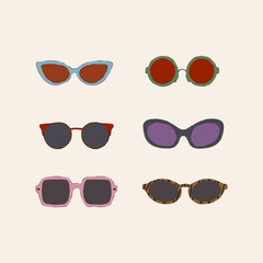 A set of summer sunglasses from the sun. The illustration in the vector of glasses is multicolored. Glasses with colored glasses for textiles. Vector illustration