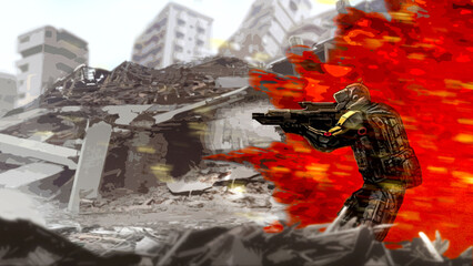 Cyberpunk style drone soldier aiming a weapon. Explosion and destroyed city on the background. Horizontal banner with place for text. Futuristic war concept. 