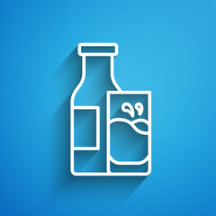 White line Closed glass bottle with milk and glass icon isolated on blue background. Long shadow. Vector
