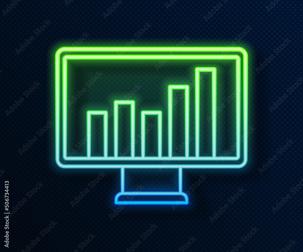 Fototapete glowing neon line computer monitor with graph chart icon isolated on blue background. report text fi