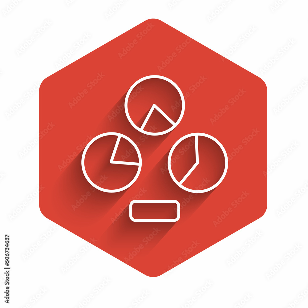 Poster white line pie chart infographic icon isolated with long shadow background. diagram chart sign. red 