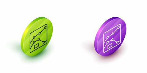 Isometric line Graph, schedule, chart, diagram, infographic, pie graph icon isolated on white background. Green and purple circle buttons. Vector