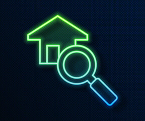 Glowing neon line Search house icon isolated on blue background. Real estate symbol of a house under magnifying glass. Vector