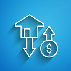 White line House with dollar symbol icon isolated on blue background. Home and money. Real estate concept. Long shadow. Vector