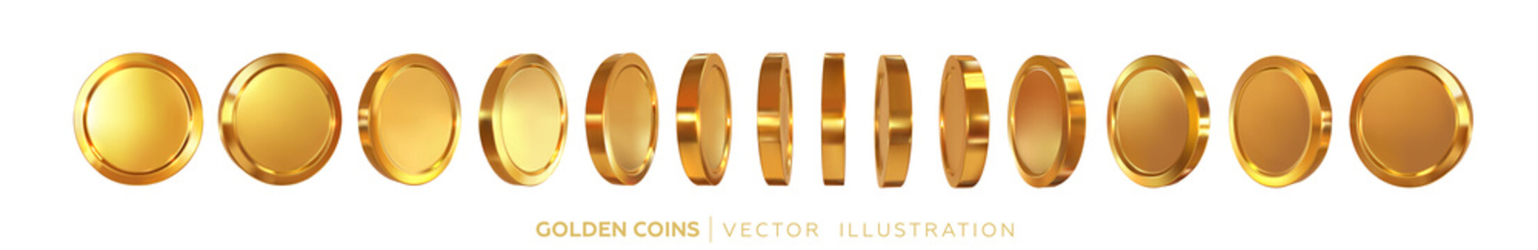 Gold coins rotating in different positions. A set of 3d money in different directions. Vector illustration