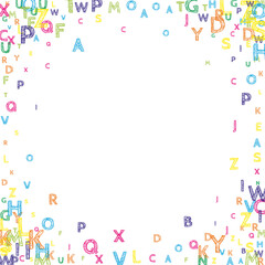 Falling letters of English language. Bright handdrawn flying words of Latin alphabet. Foreign languages study concept. Fascinating back to school banner on white background.