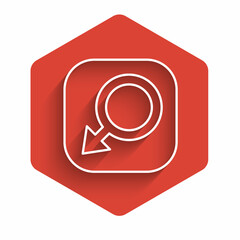White line Male gender symbol icon isolated with long shadow background. Red hexagon button. Vector