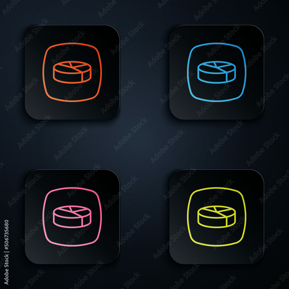 Poster color neon line pie chart infographic icon isolated on black background. diagram chart sign. set ico