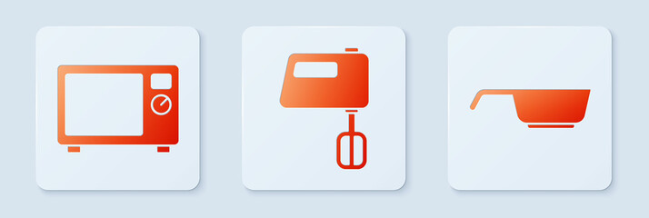 Set Electric mixer, Microwave oven and Frying pan. White square button. Vector