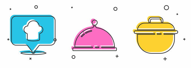 Set Chef hat with location, Covered with tray of food and Cooking pot icon. Vector