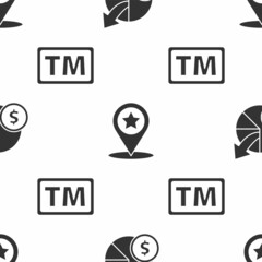 Set Money and diagram graph, Map pointer with star and Trademark on seamless pattern. Vector