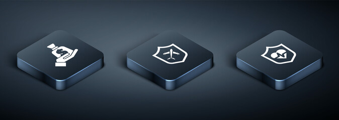 Set Isometric Money in hand, Life insurance with shield and Plane icon. Vector