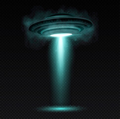 Realistic blue UFO. Beam of light from sky, destruction of people and property. Fantasy and imagination, space and galaxy, universe. Futuristic images, innovation. Isometric vector illustration © 100% HAND-CRAFTED