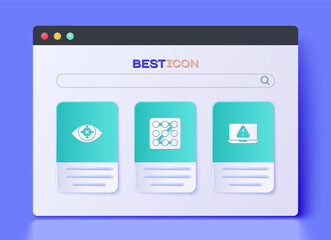 Set Graphic password protection, Eye scan and Laptop with exclamation mark icon. Vector