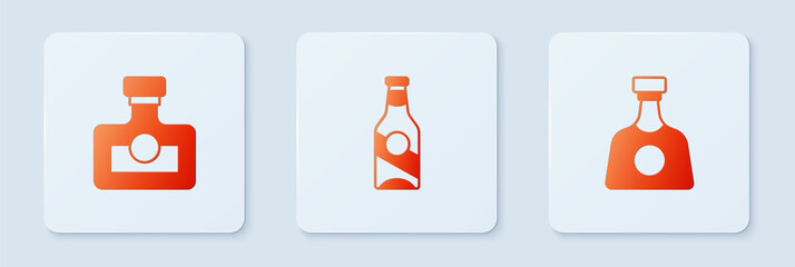 Set Beer bottle, Alcohol drink Rum and Tequila. White square button. Vector