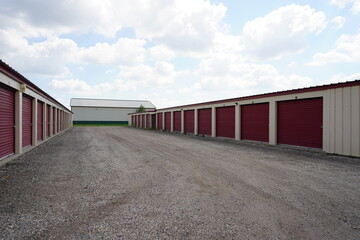  Red storage units are used for the community to store items.