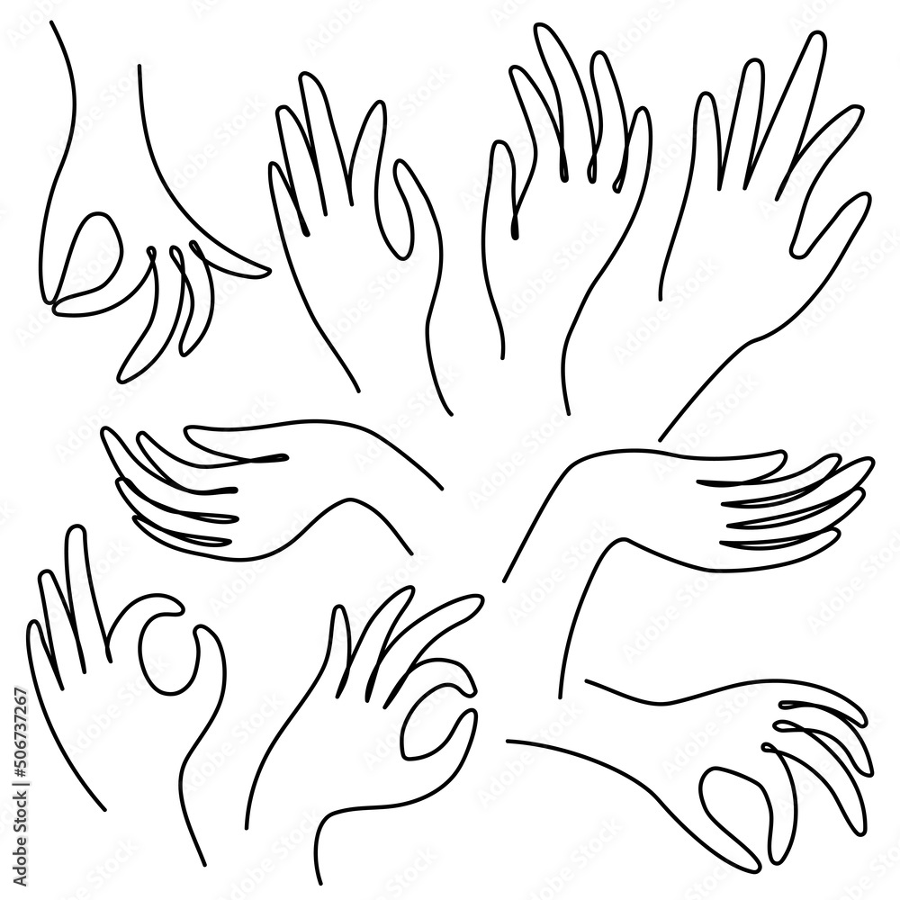 Aufkleber set with vector hands and different gestures line art.