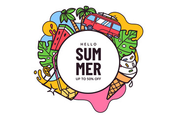 Hello Summer. Round badge with colorful summer season elements - green leafs, palms, cocktail, travel bus, ice cream. Ideal for sale banner design, party invitation, flyer. Vector illustration.