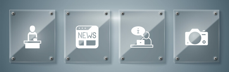 Set Photo camera, Television report, News and Breaking news. Square glass panels. Vector