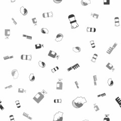 Set Shaving brush, Hairstyle for men, Hairbrush and Bottle of shampoo on seamless pattern. Vector