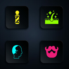 Set Mustache and beard, Classic Barber shop pole, Baldness and Oil for hair care treatment. Black square button. Vector