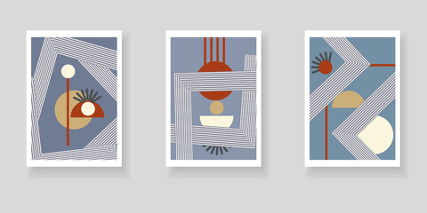 Set of artistic creative abstract backgrounds. hand drawn texture. Design for poster, postcards, invitations, brochures, leaflets, home decor. Blue, beige and white pattern with geometric elements.