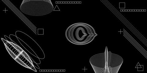 Geometric stylish black and white background. Abstract technological background with geometric and distorted shapes. Vector design element for banners, posters, covers. Line art.