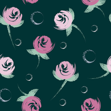 Hand-drawn seamless pattern with floral print. Abstract pink flowers painted with brush on green background . Vector pattern for printing on fabric, gift wrapping, covers, wallpapers