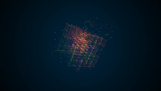 Graphic neon animated symbol of squares, rhomb, dots. Architecture maze. Pattern randomly rotating Rubik's Cube. Rainbow glow. Weightlessness. Background logo, technology, medicine, business. 4k.
