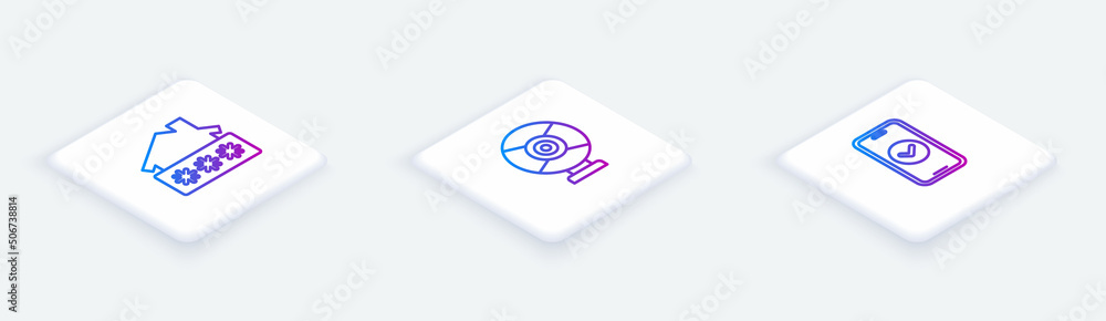 Aufkleber set isometric line house with password, security camera and smartphone. white square button. vector