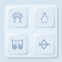 Set line Indian headdress with feathers, Bomb ready to explode, Wild west covered wagon and Bow and arrow in quiver. White square button. Vector