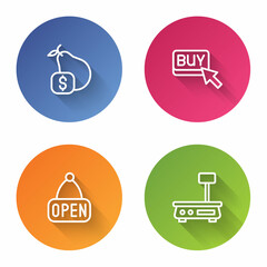 Set line Price tag for pear, Buy button, Hanging sign with Open and Electronic scales. Color circle button. Vector