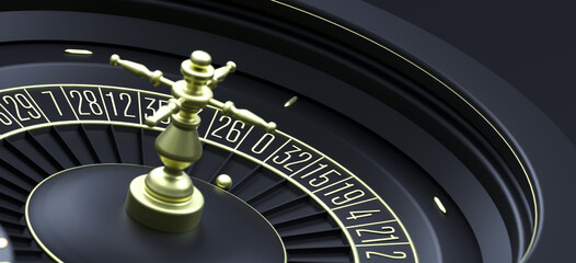 Luxury casino roulette wheel. Online casino theme. Close-up black casino roulette with ball on zero. Poker game table. Modern casino background 3d rendering.