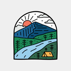 mountain and river camping nature adventure in the day wild line badge patch pin graphic illustration vector art t-shirt design