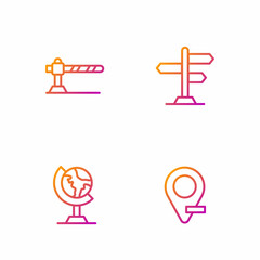 Set line Location, Earth globe, Parking car barrier and Road traffic sign. Gradient color icons. Vector