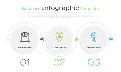 Set line Road traffic sign, Location with anchor and Traffic turn left. Business infographic template. Vector