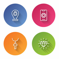 Set line Jewelry store, online shopping, Christian cross chain and Diamond. Color circle button. Vector