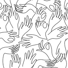 Seamless vector pattern with hands and different gestures line art.