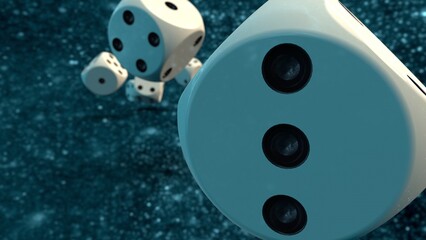 Rolling white-black dices under 
outer space background. 3D CG. 3D illustration. 3D high quality rendering.