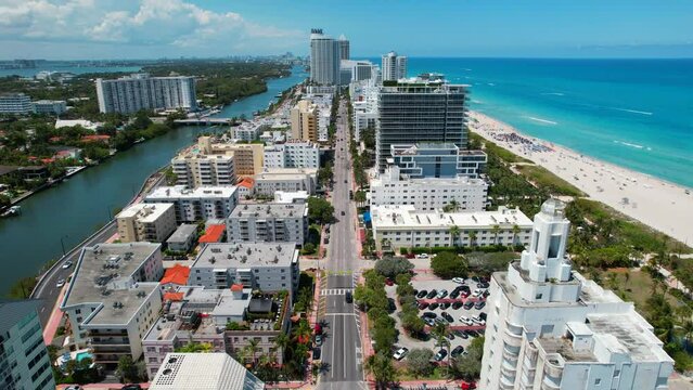 Miami Beach Florida. Panorama of Miami South Beach City FL. Atlantic Ocean. Summer vacations. Beautiful View on Residential house, Hotels and Resorts on Island. Turquoise color of salt water.