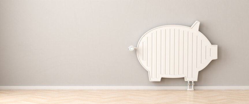 Saving heat energy concept. A radiator in the form of a piggy bank. Copy space available - web banner format.