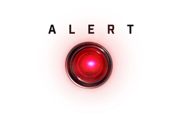 Red glowing warning lamp or button isolated on white, with the words  "Alert".
