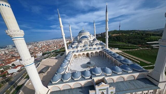 Scenic view of fascinating Suleymaniye Mosque with six minarets. Drone footage of famous historic landscape in Turkey. Shot of Blue Mosque in Istanbul. Sultanahmet district. Sunny day, blue sky