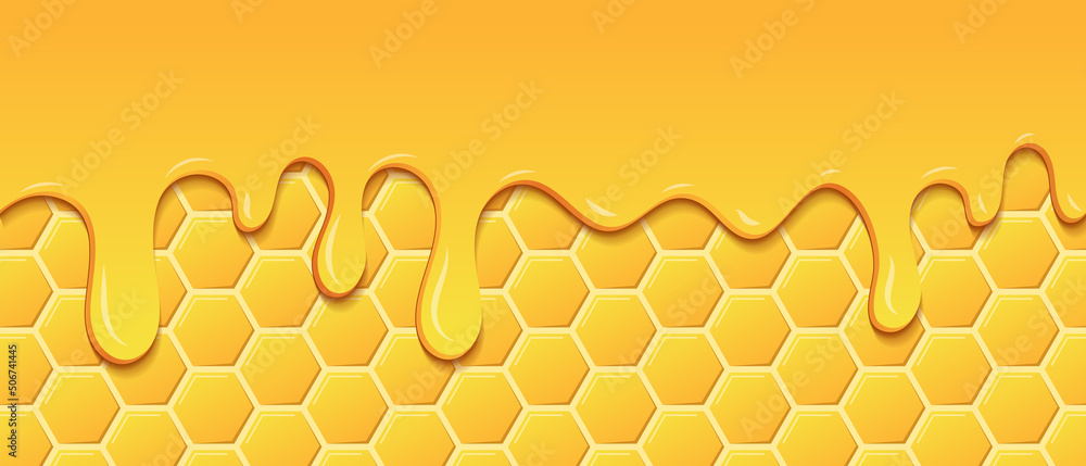 Poster yellow pattern with honeycomb and honey drips. dripping honey seamless pattern. gold honey hexagonal